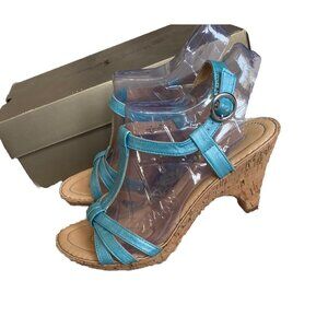 9M Born Crown Denm Blue Metallic Ankle Strap Sandals Heels Shoes Cork Wedges